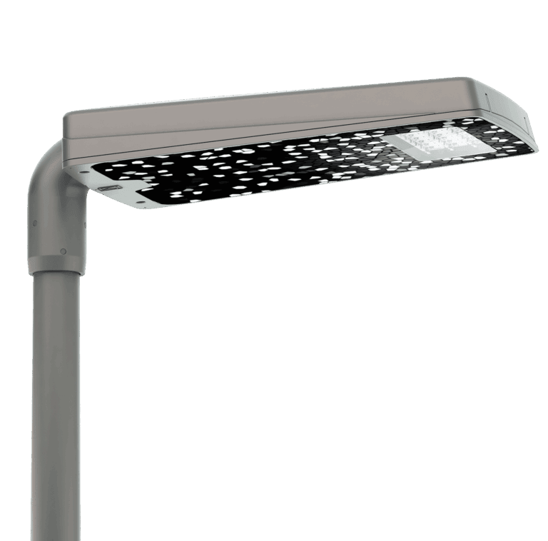 A close-up view of a modern LED street light sprinting into the future, mounted on a grey pole with a rectangular, perforated shade and an illuminated light source.