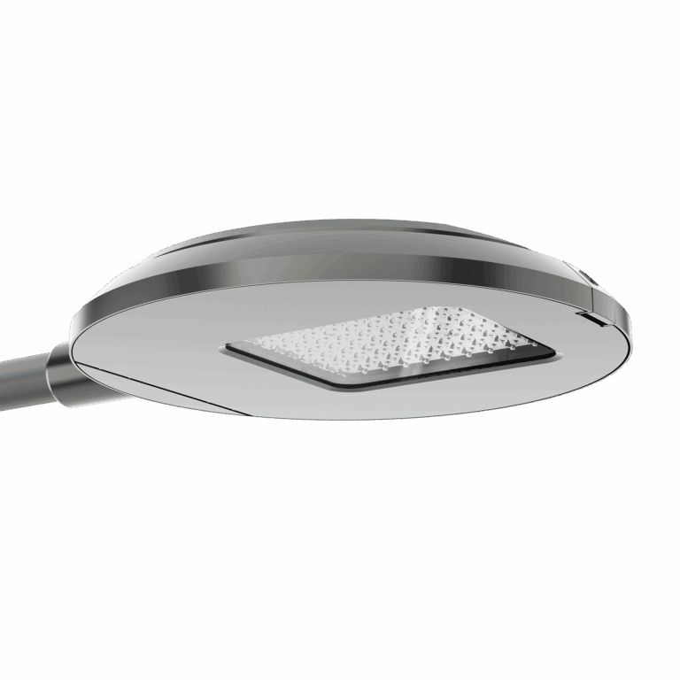 A modern, circular overhead showerhead with a sleek metallic finish and a rectangular spray nozzle in the center.