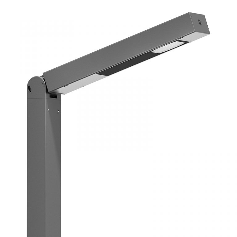 A modern, rectangular, gray outdoor street lamp with a minimalist design, shown against a white background.