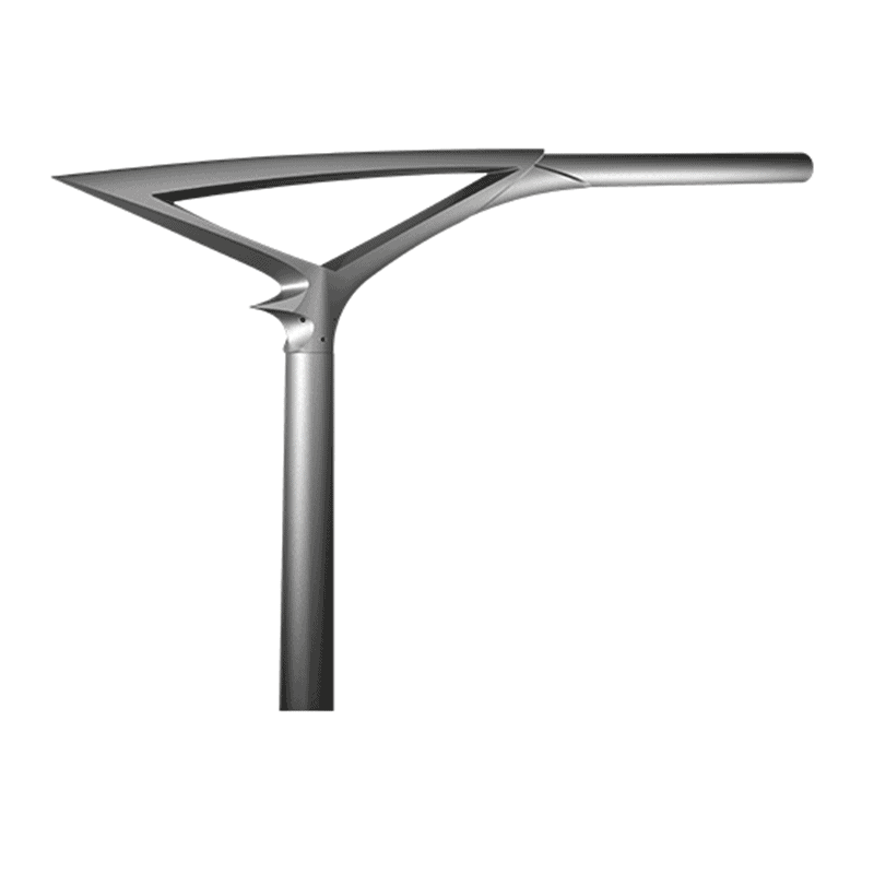A modern, angular streetlight with a metallic finish, featuring a triangular open frame and a horizontal light fixture extending to the right.