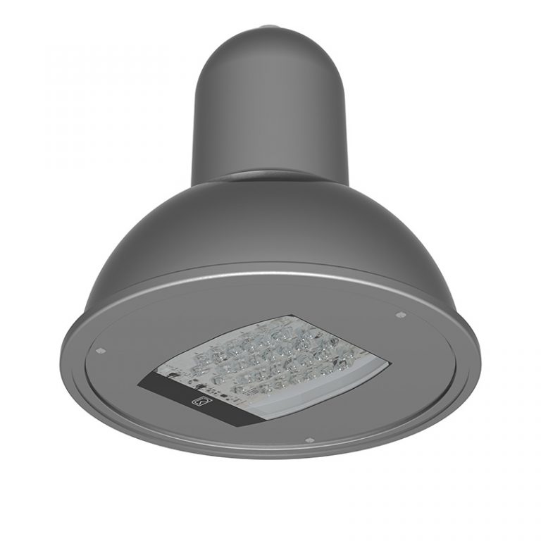 Gray industrial-style LED pendant light fixture with a dome-shaped shade, viewed from below, showing the LED panel and mounting hardware.