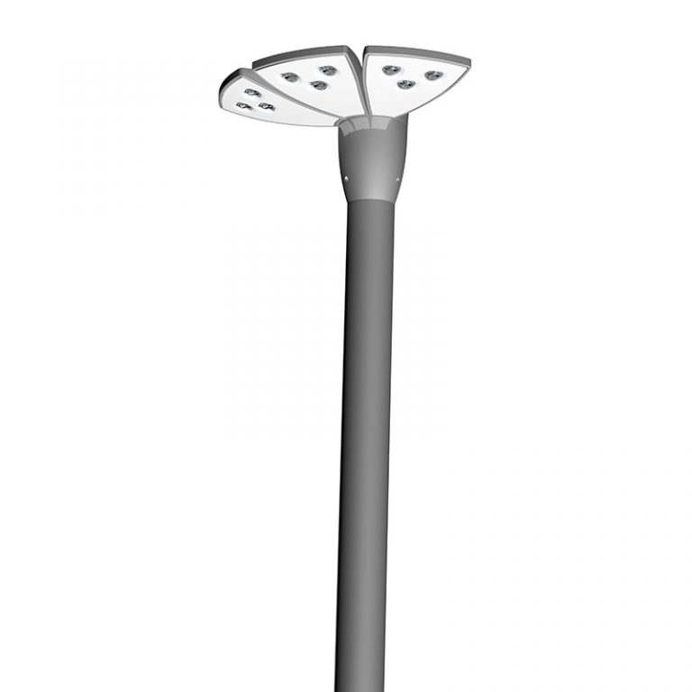 A modern street light pole with three LED light panels angled outward at the top.