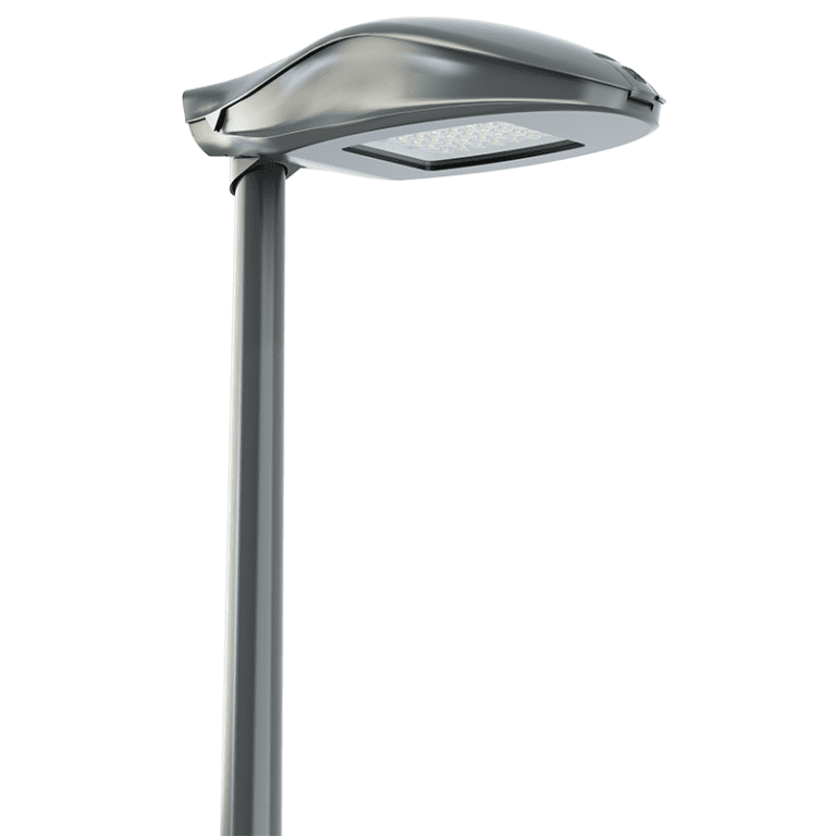 Modern LED r-light streetlight with a sleek, curved design mounted on a straight pole, viewed from below against a white background.