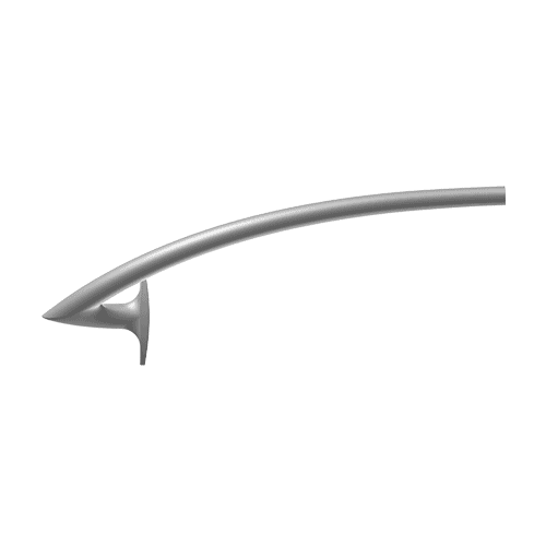A sleek, curved silver door handle with a minimalist design, mounted on a round base, isolated on a white background.