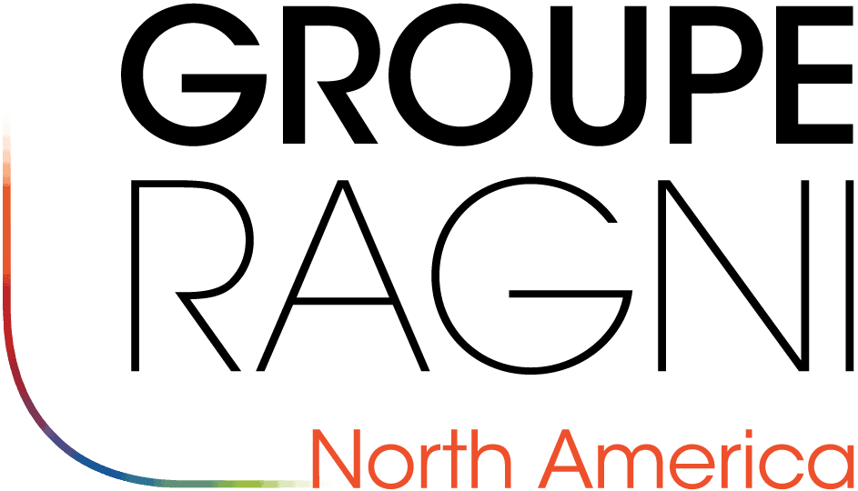Logo displaying the text "Groupe Ragni North America" with a curved, multicolored line on the left side.