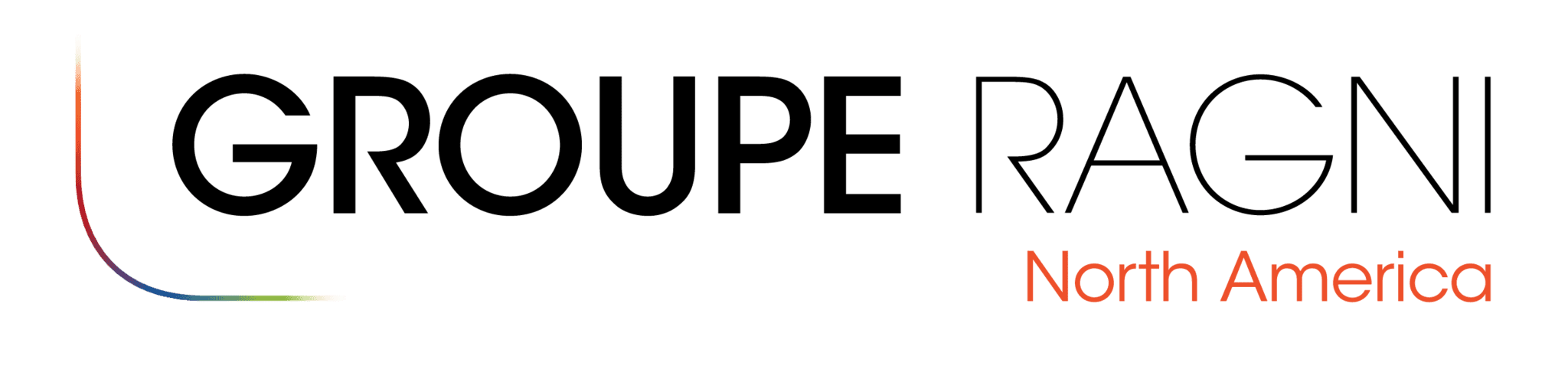 GROUPE RAGNI North America logo with black and orange text and a curved, multicolored line on the left.