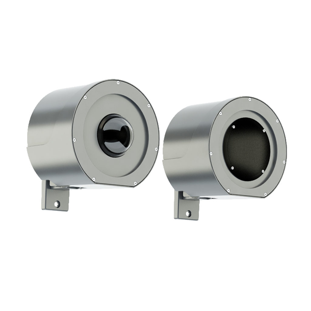 Two cylindrical, metallic wall-mounted devices with circular openings and mounting brackets are shown side by side—one featuring an irys lens-like element and the other fitted with a mesh covering.