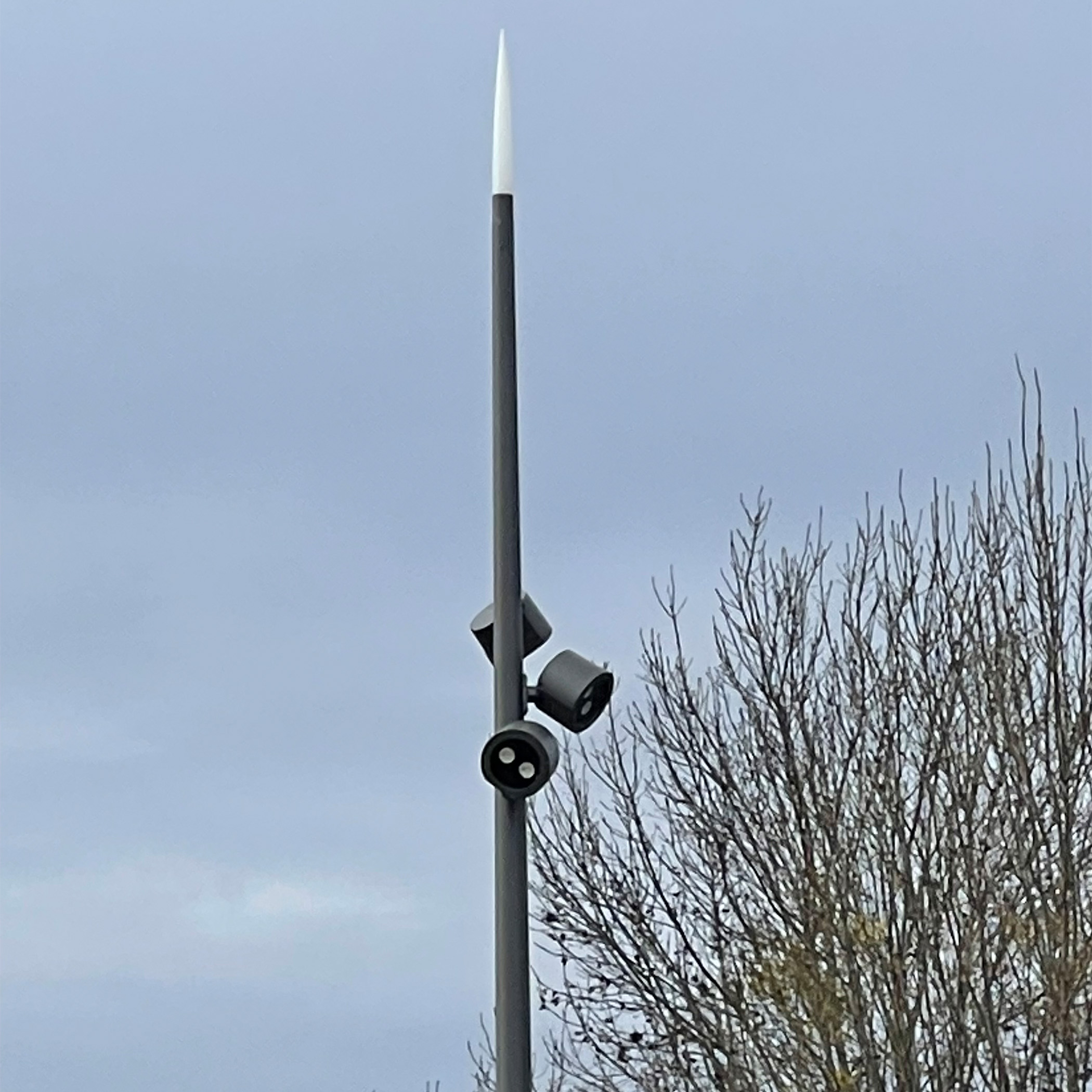 A tall pole with a pointed top and four irys loudspeakers mounted on it stands next to leafless branches, set against a cloudy sky in the background.