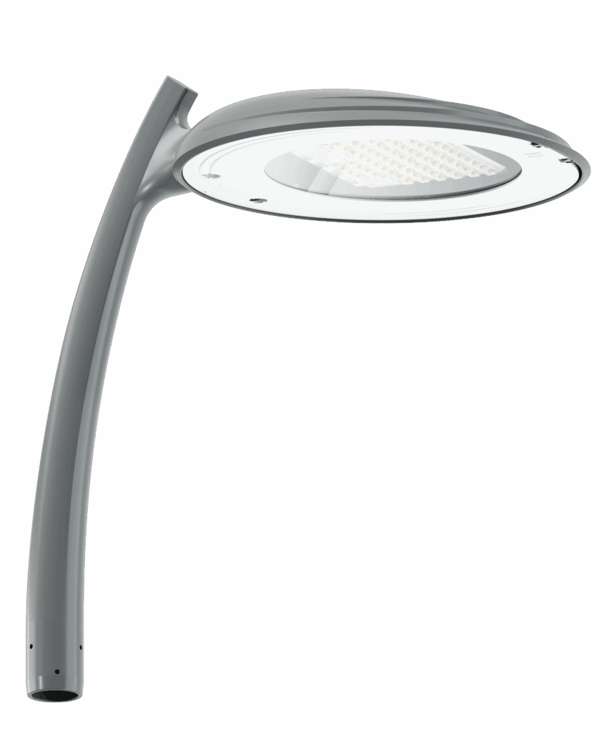 Modern LED street lamp with an elegant aro-shaped curved metallic pole and a round, flat light fixture viewed from a low angle against a plain background.
