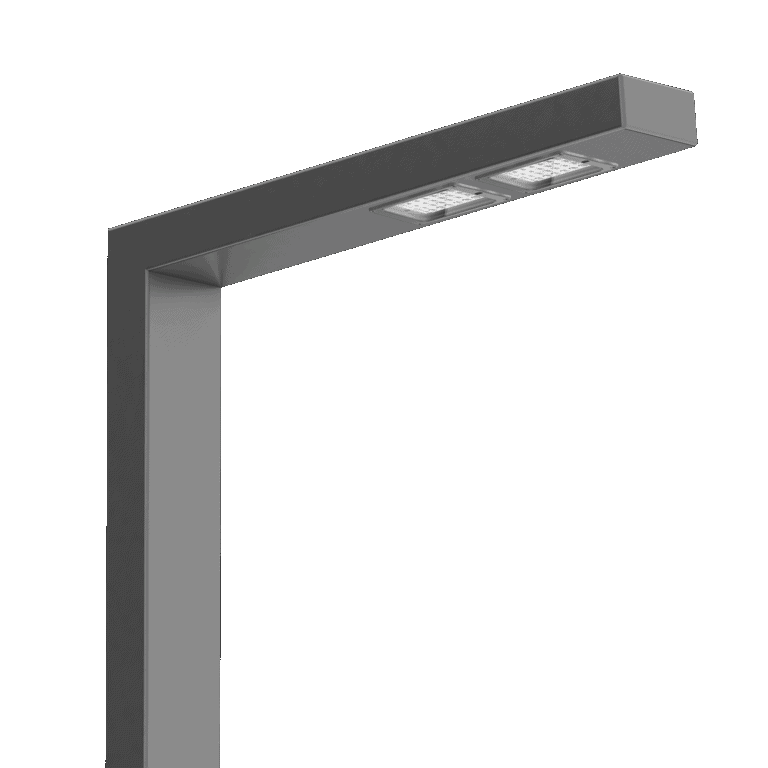 A modern, rectangular outdoor LED street light with a minimalist dark gray frame and two domitienne-inspired light panels on the extended arm.