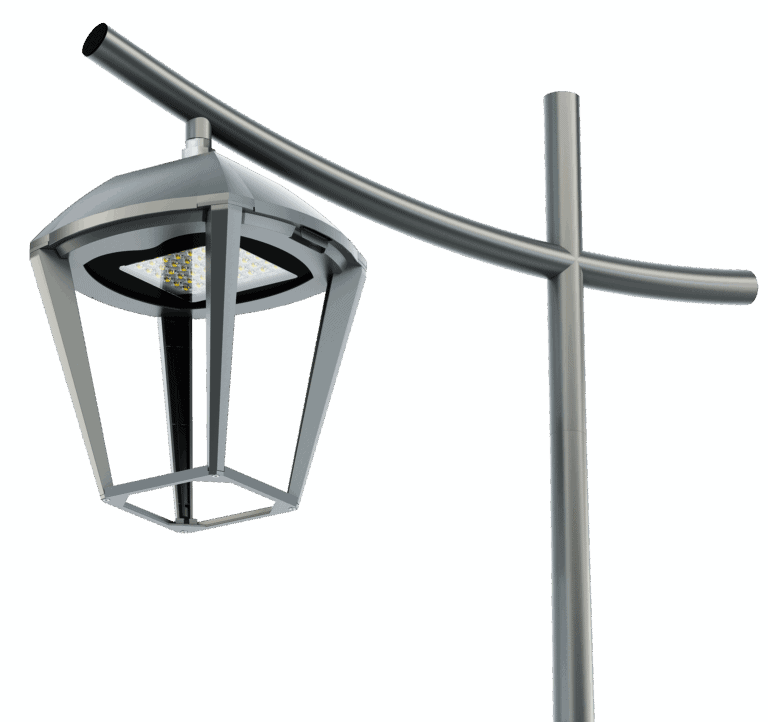 A modern Alturan streetlamp with a curved metal pole and a geometric, lantern-style LED light fixture stands against a plain background.
